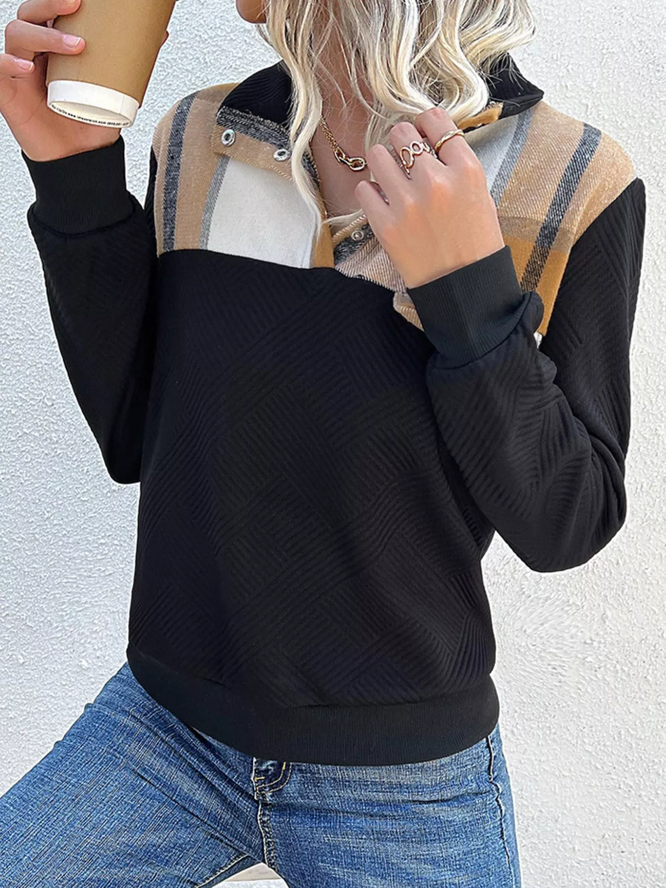 Color Block Texture Long Sleeve Sweatshirt - Image 11