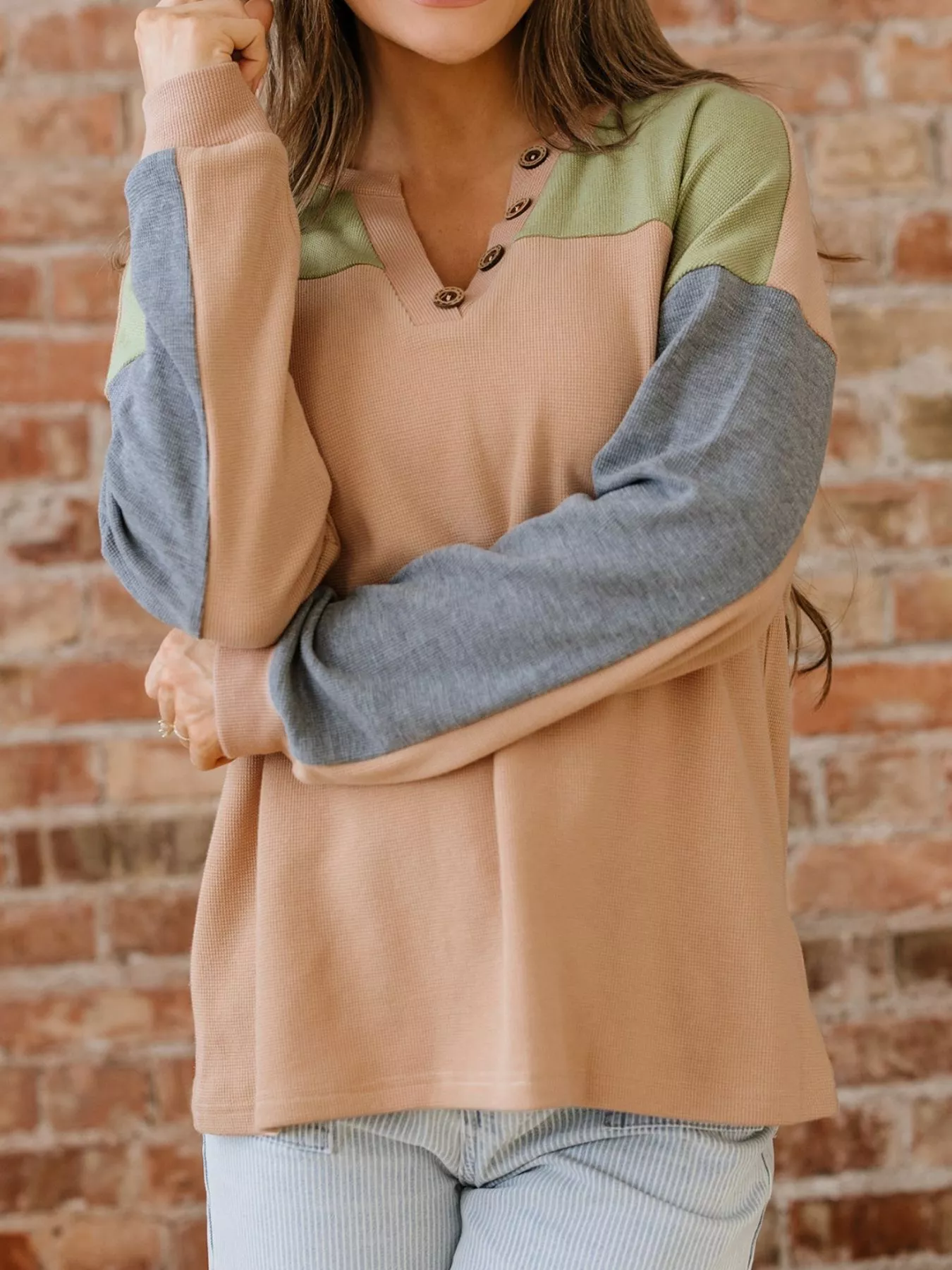 Color Block Thermal Textured Knit Drop Shoulder Henley Top - Image 3