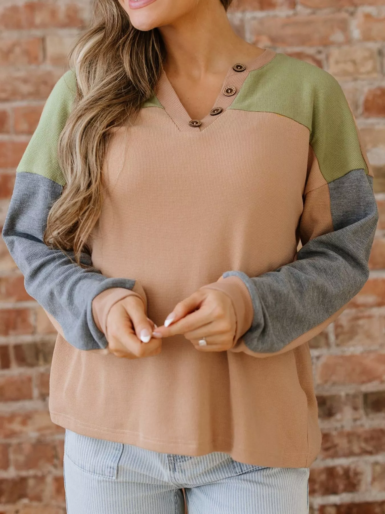 Color Block Thermal Textured Knit Drop Shoulder Henley Top - Image 4