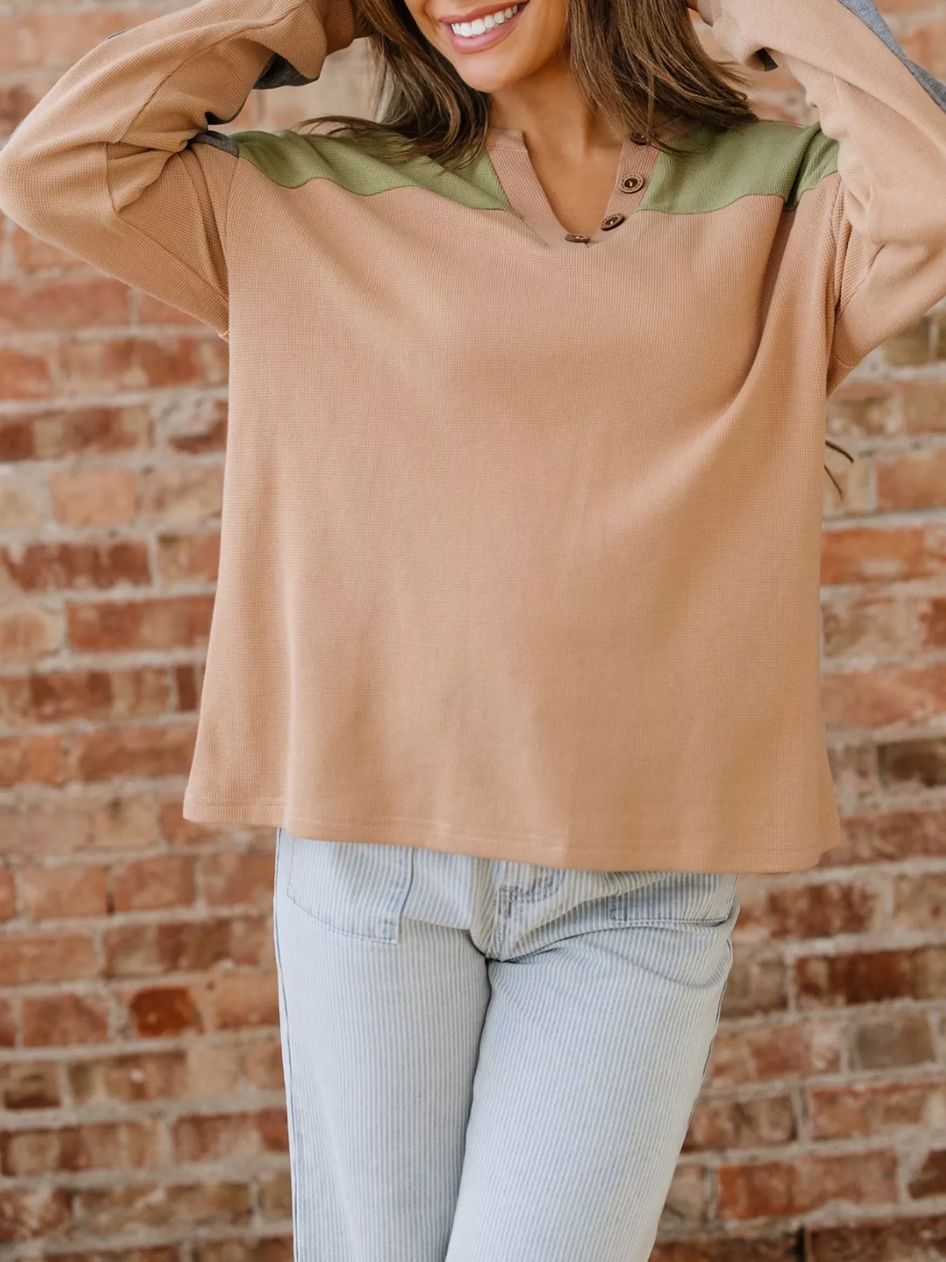 Color Block Thermal Textured Knit Drop Shoulder Henley Top - Image 5