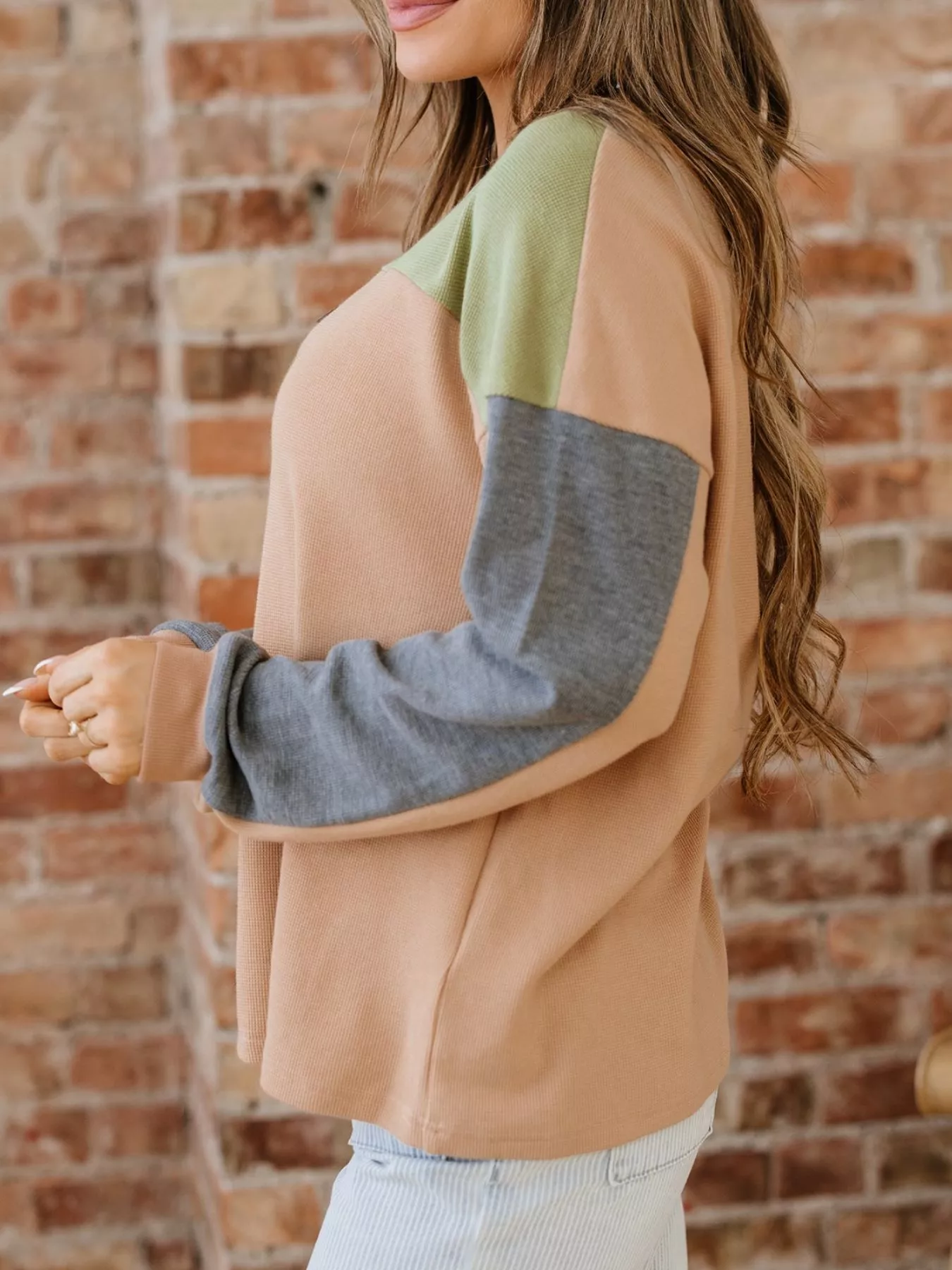Color Block Thermal Textured Knit Drop Shoulder Henley Top - Image 7