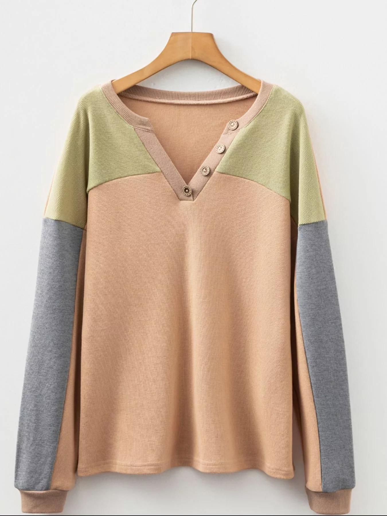 Color Block Thermal Textured Knit Drop Shoulder Henley Top - Image 8