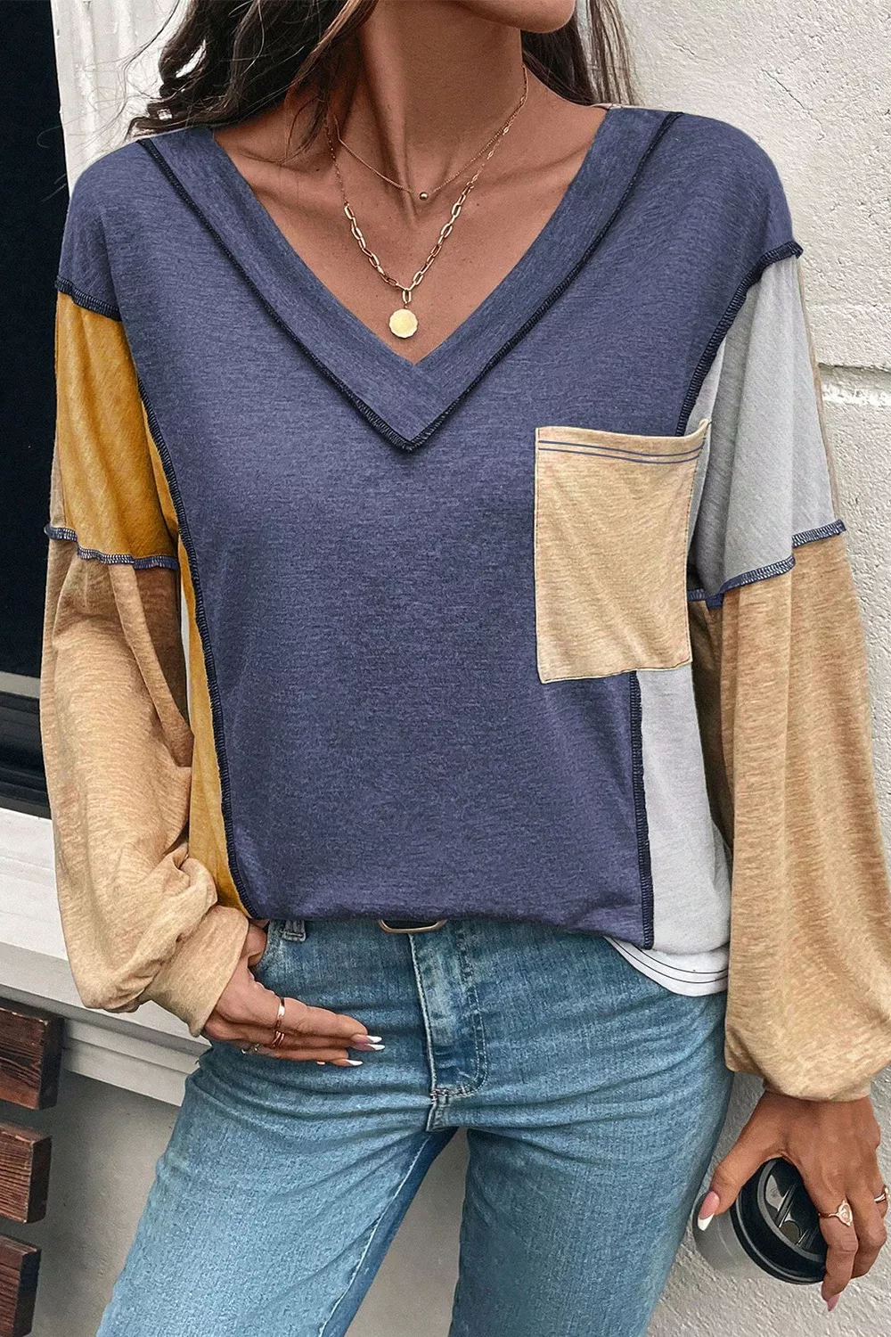 Color Block V-Neck Long Sleeve T-Shirt - Image 3