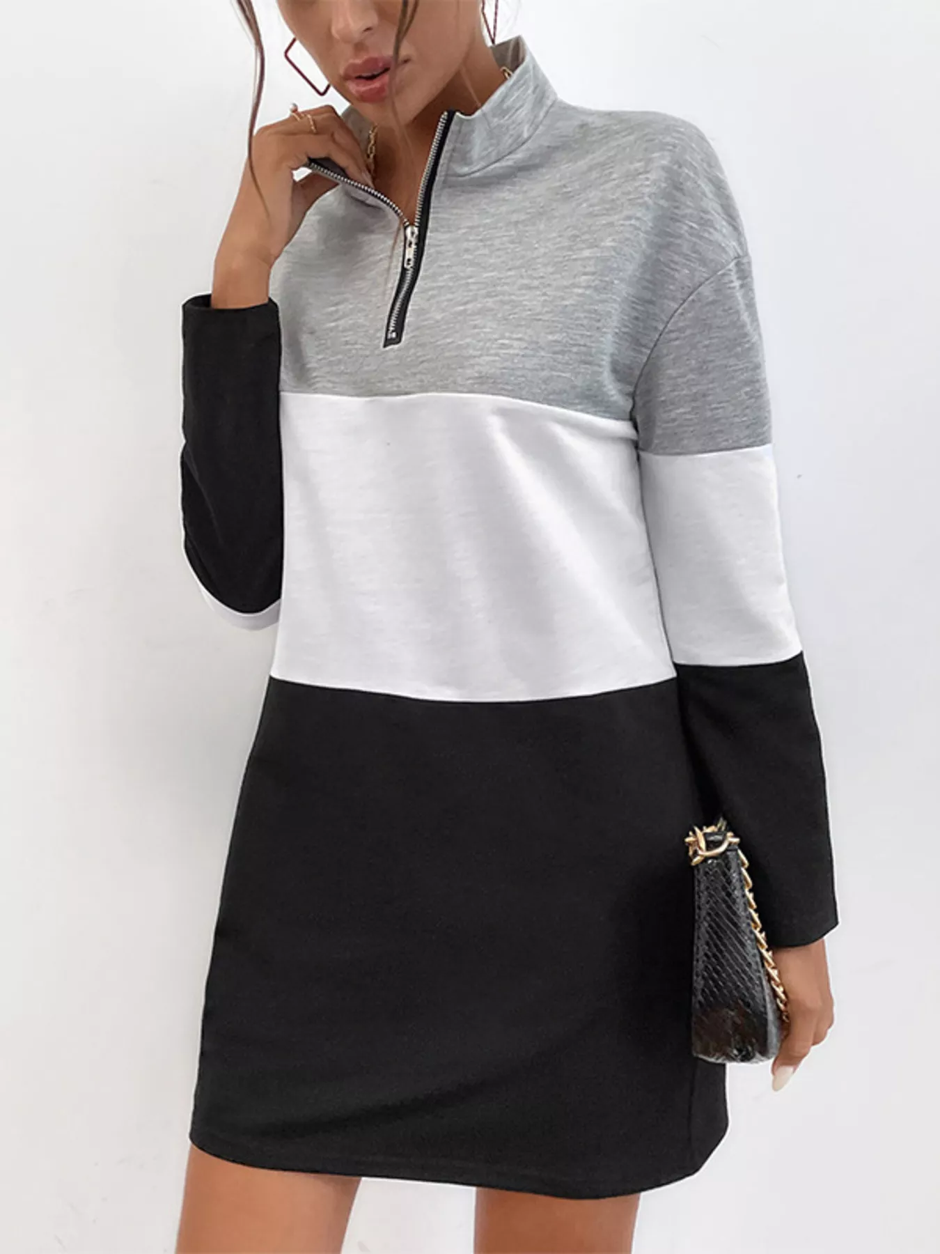 Color Block Zip Front Casual Dress - Image 4