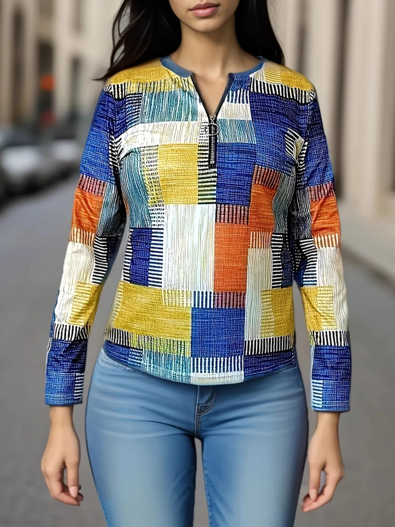Color Block Zip Front Long Sleeve Top - Image 2