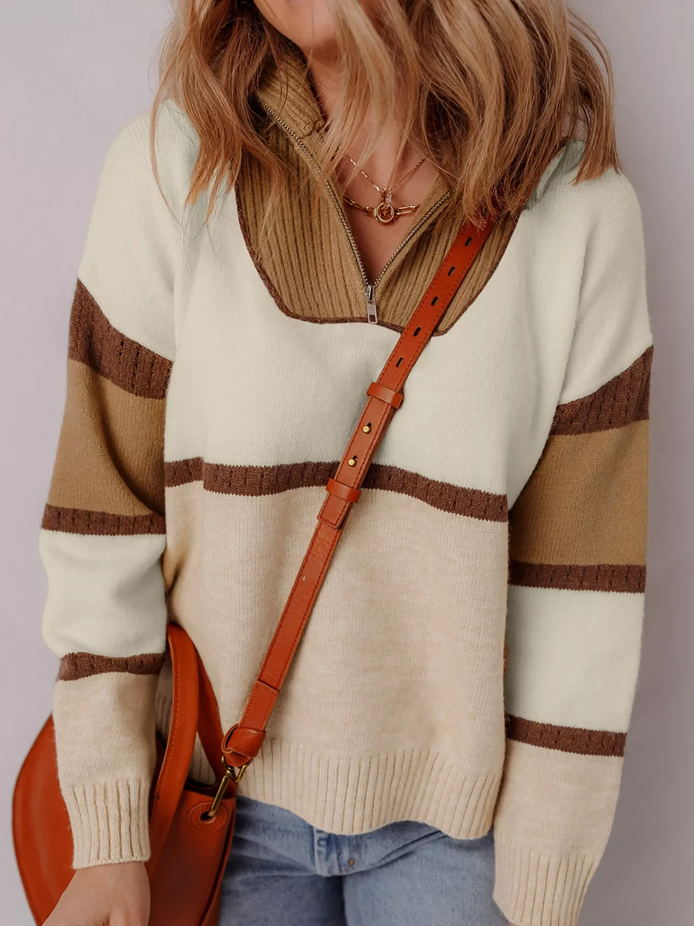 Color Block Zipped Collared Sweater - Image 3