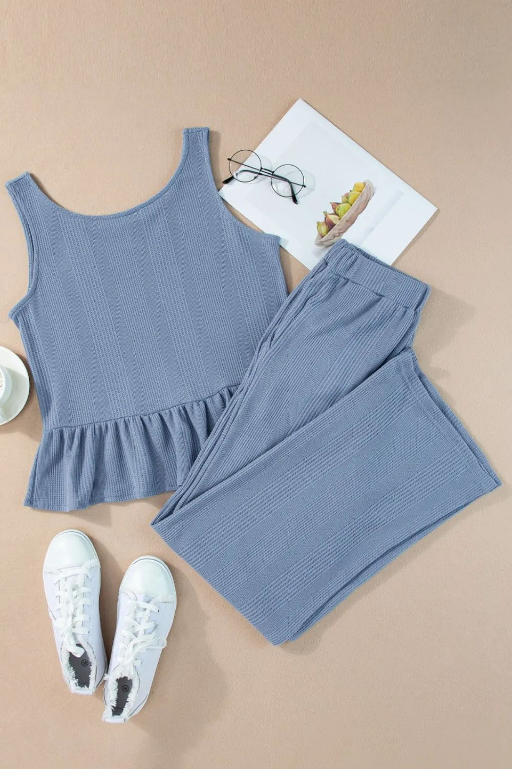 Color Ribbed Ruffle Tank Top and Pants Set - Image 6