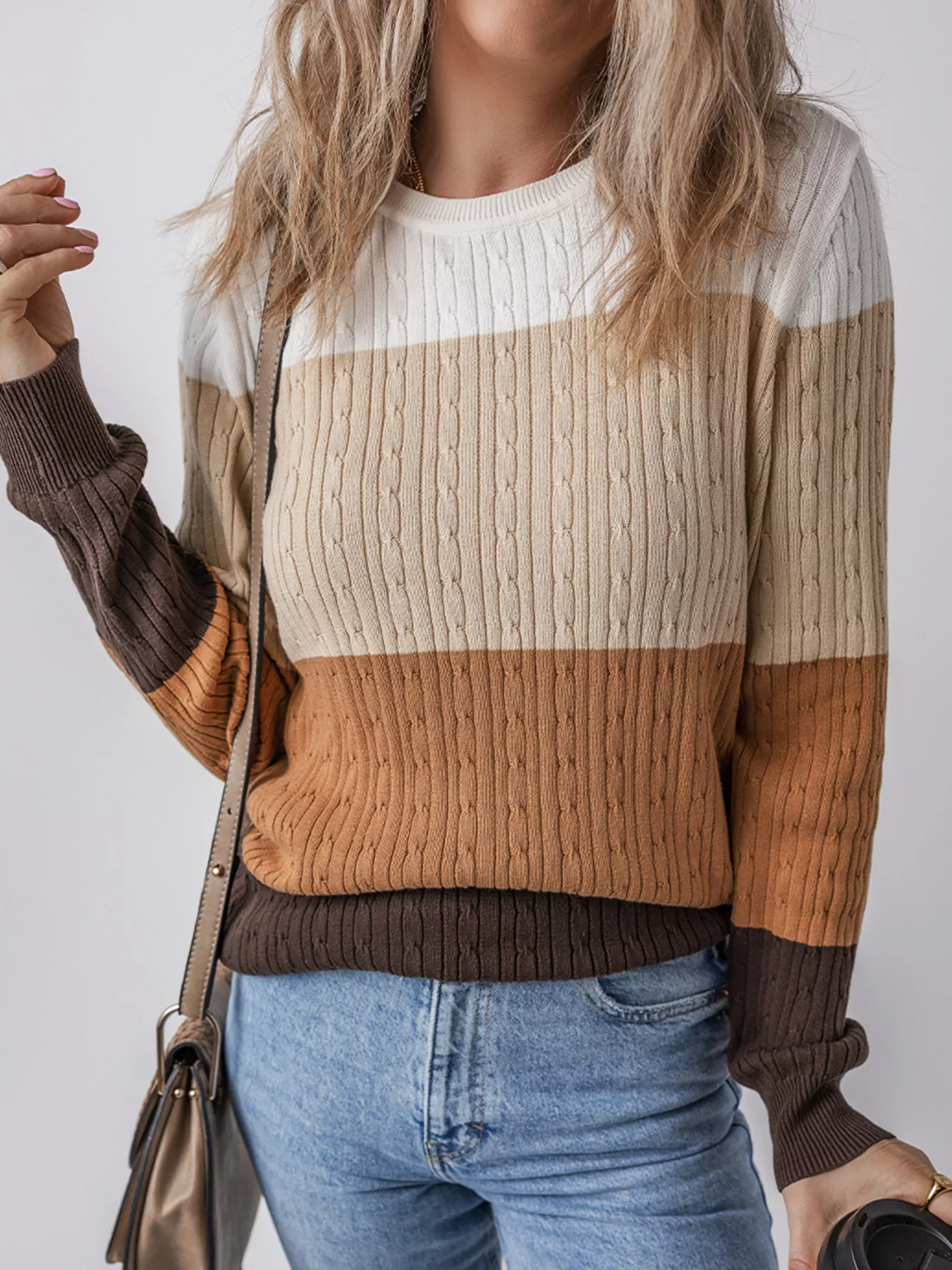 Colorblock Cable Knit Round Neck Sweater - Image 3