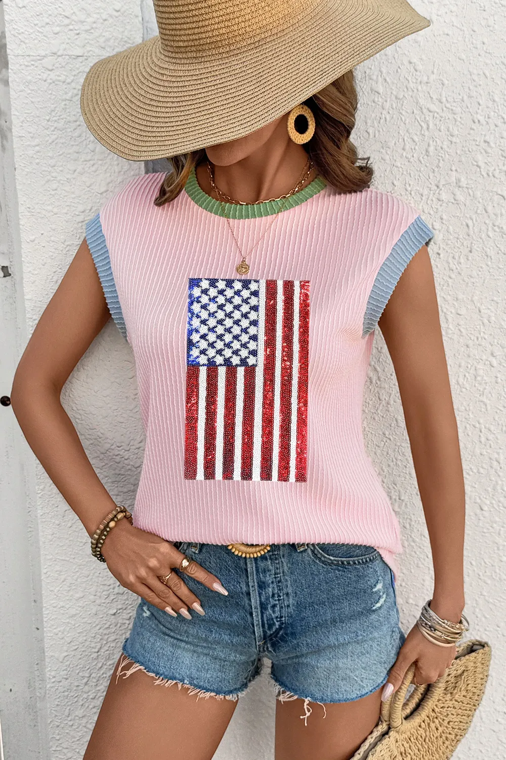 Colorblock Edge Twisted Rib Texture Sequin American Flag Casual T Shirt - Image 5