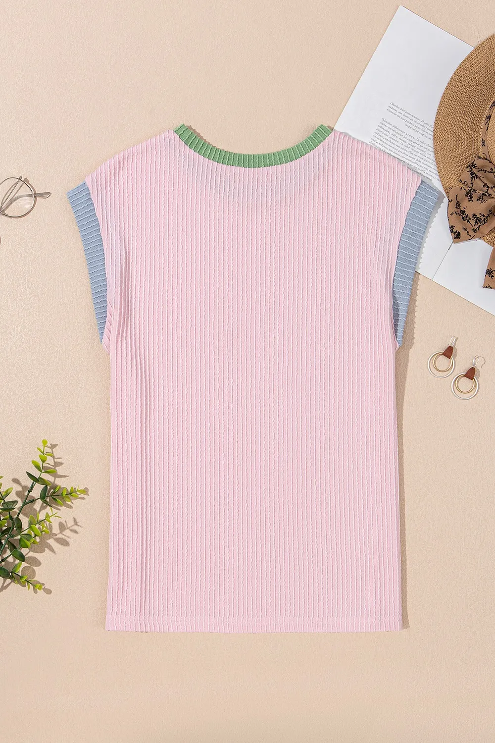 Colorblock Edge Twisted Rib Texture Sequin American Flag Casual T Shirt - Image 7