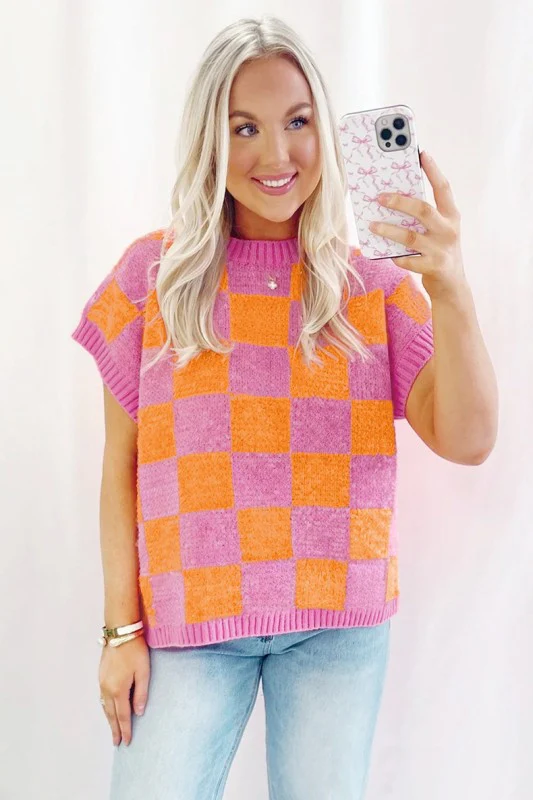 Colorblock Plaid Pattern Ribbed Trim Sweater Tank - Image 10