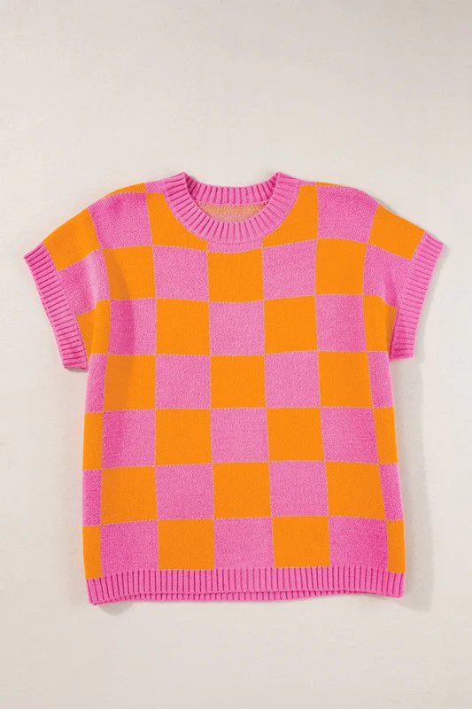 Colorblock Plaid Pattern Ribbed Trim Sweater Tank - Image 8