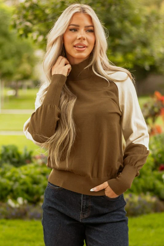 Colorblock Raglan Puff Sleeve Mock Neck Sweater - Image 4