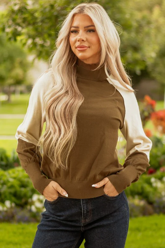 Colorblock Raglan Puff Sleeve Mock Neck Sweater - Image 5
