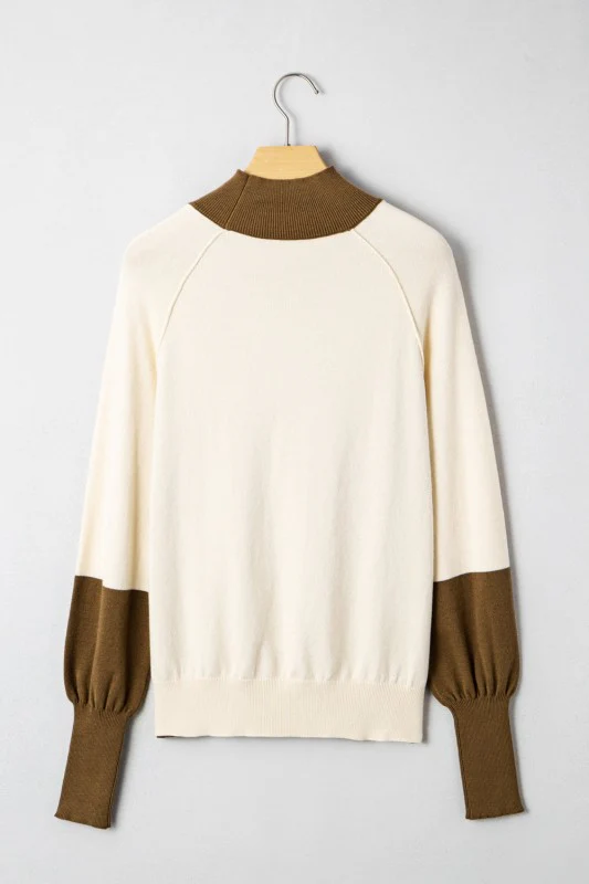 Colorblock Raglan Puff Sleeve Mock Neck Sweater - Image 7