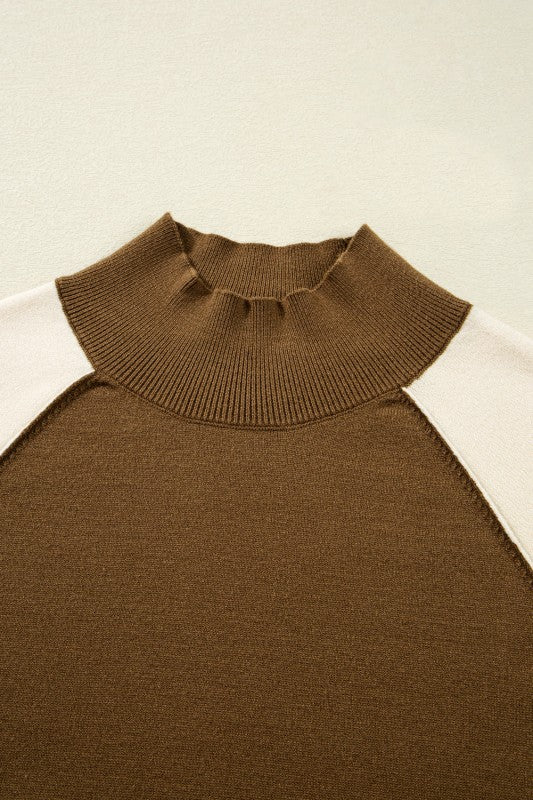 Colorblock Raglan Puff Sleeve Mock Neck Sweater - Image 8