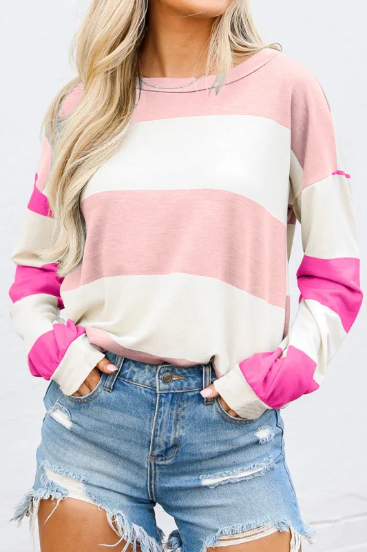 Colorblock Striped Drop Shoulder Long Sleeve Top - Image 5