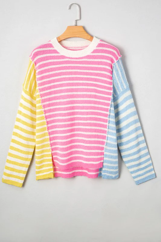 Colorblock Striped Patchwork Dolman  Slit Sweater - Image 11