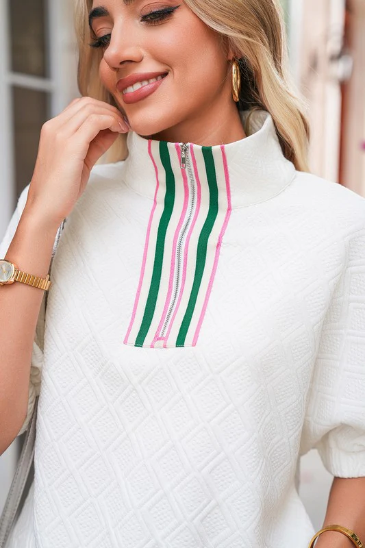 Colorblock Zipper Puff Sleeve Textured Blouse - Image 9