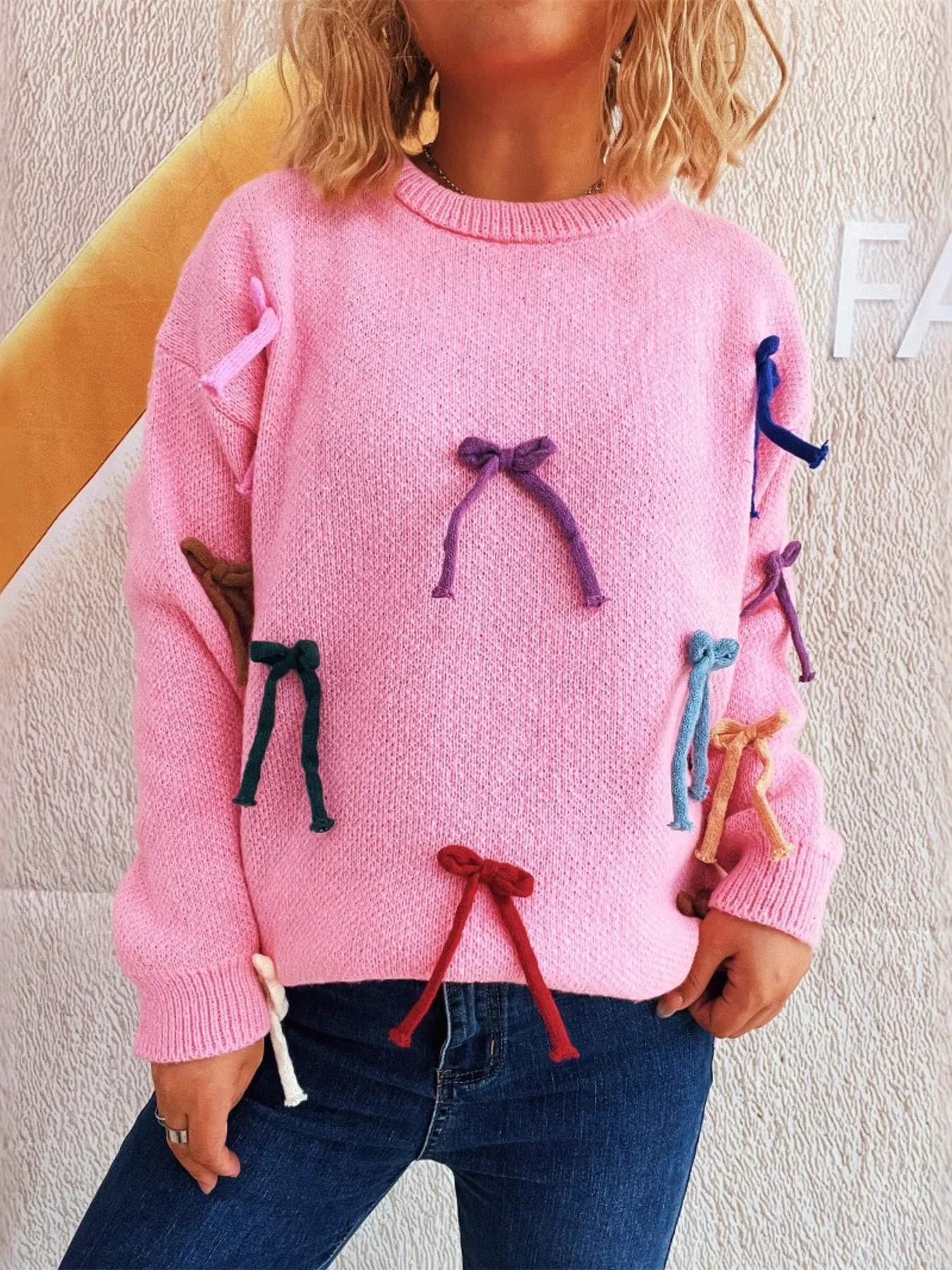 Colorful Bow Round Neck Sweater - Image 10