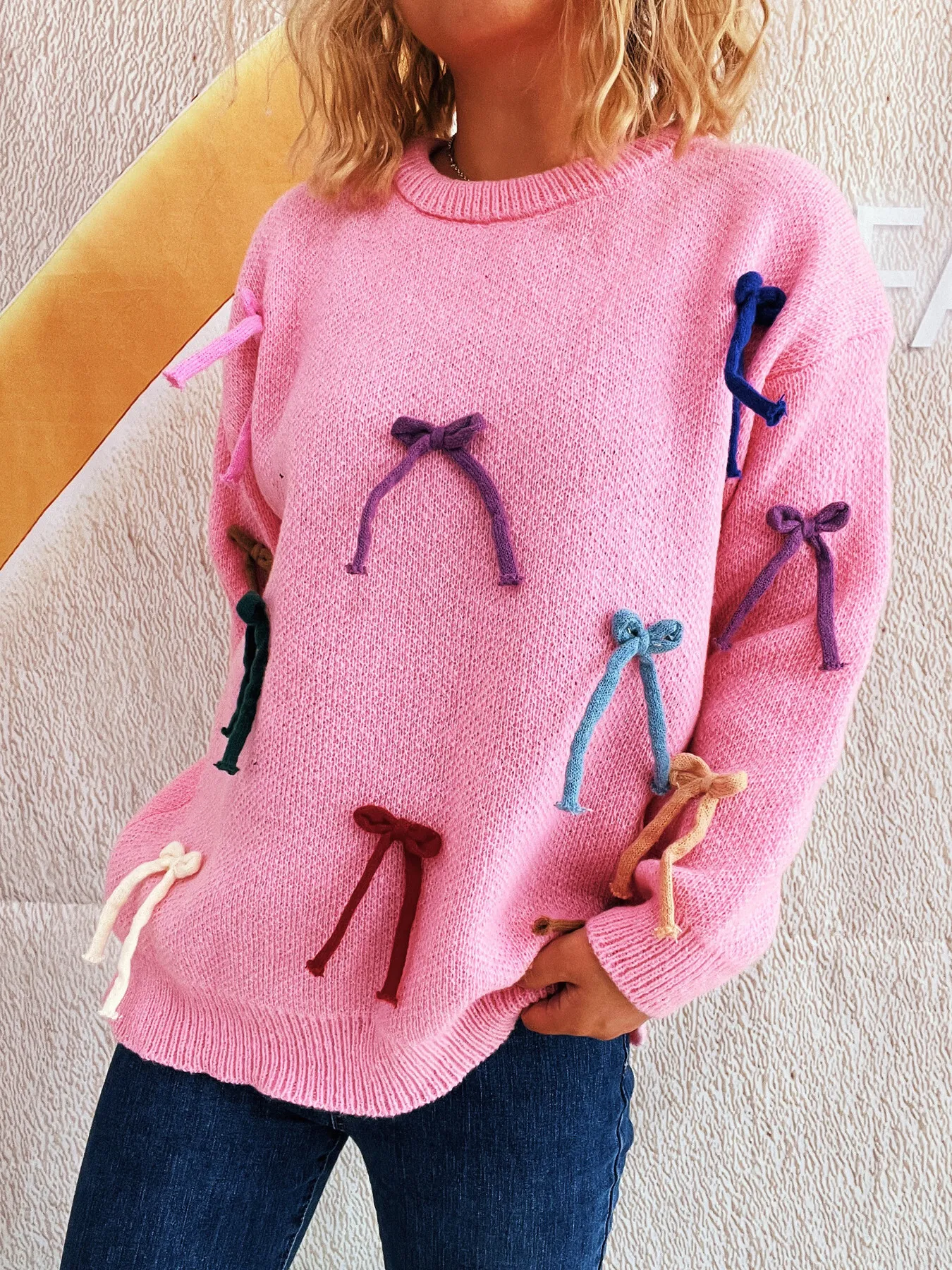 Colorful Bow Round Neck Sweater - Image 11