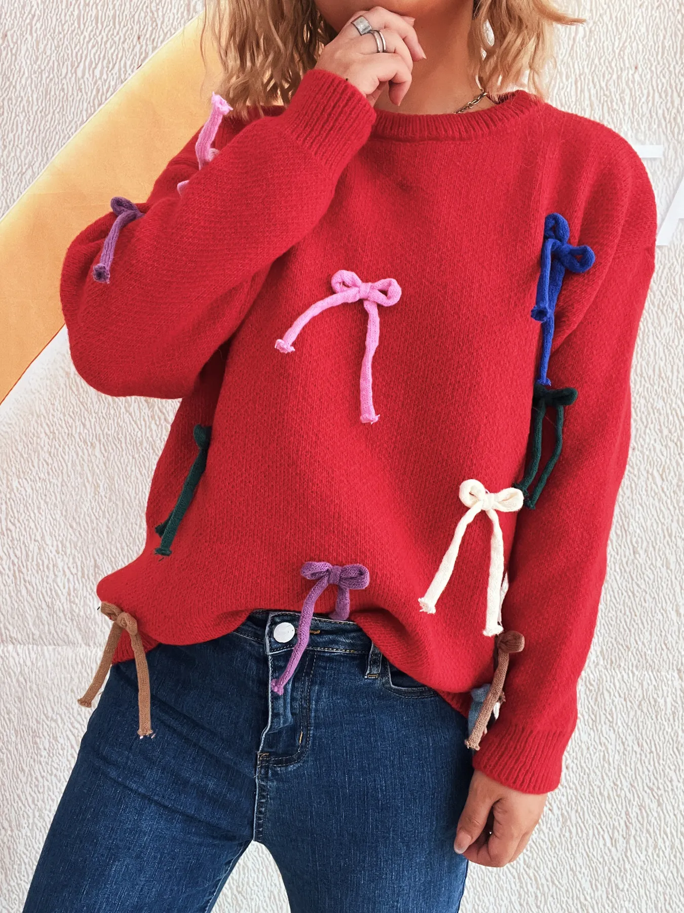 Colorful Bow Round Neck Sweater - Image 13