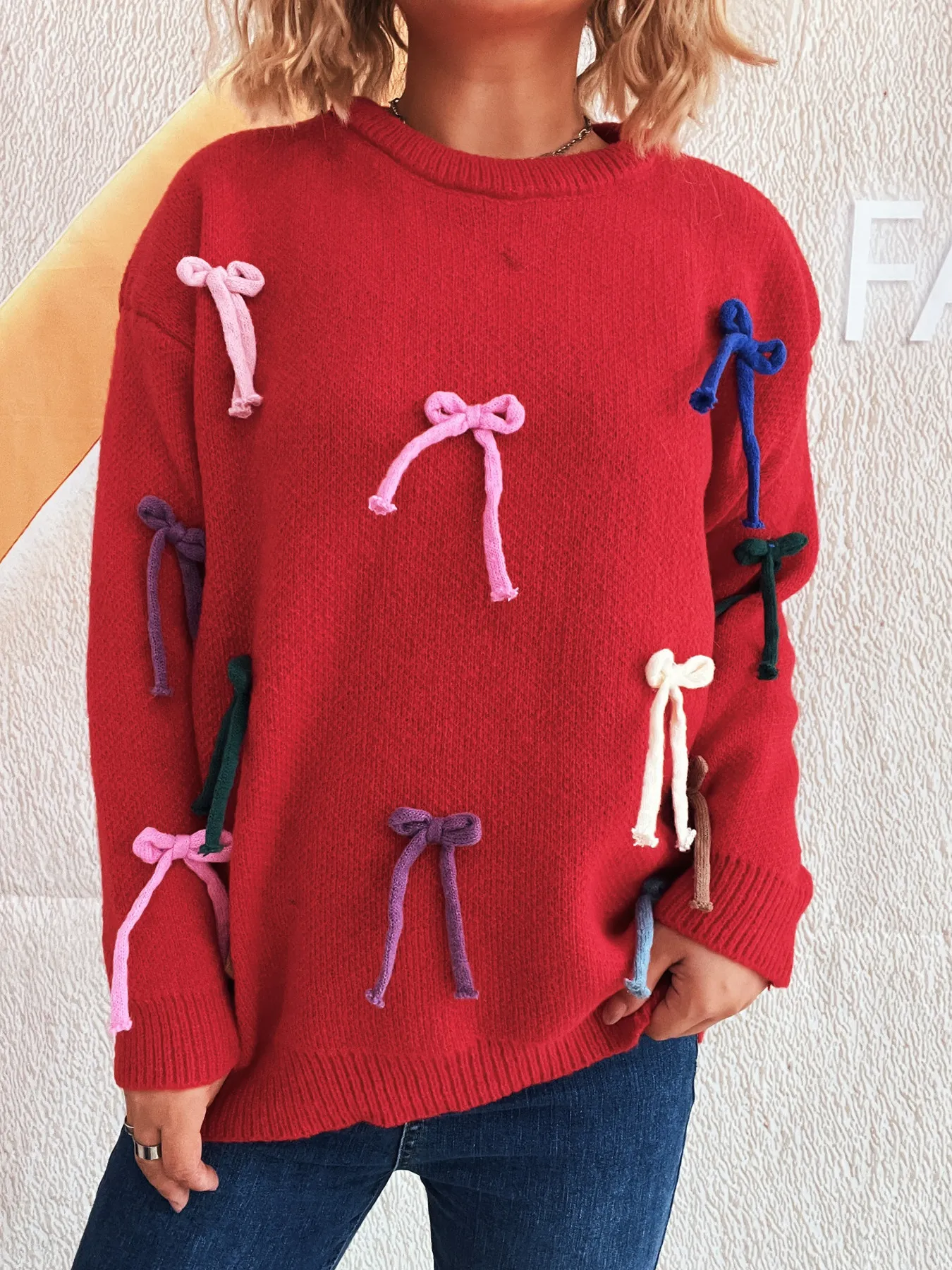 Colorful Bow Round Neck Sweater - Image 14