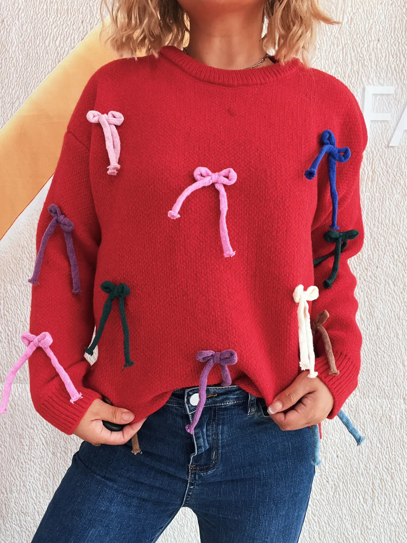 Colorful Bow Round Neck Sweater - Image 15