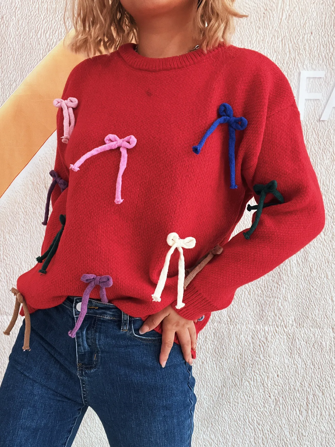 Colorful Bow Round Neck Sweater - Image 16