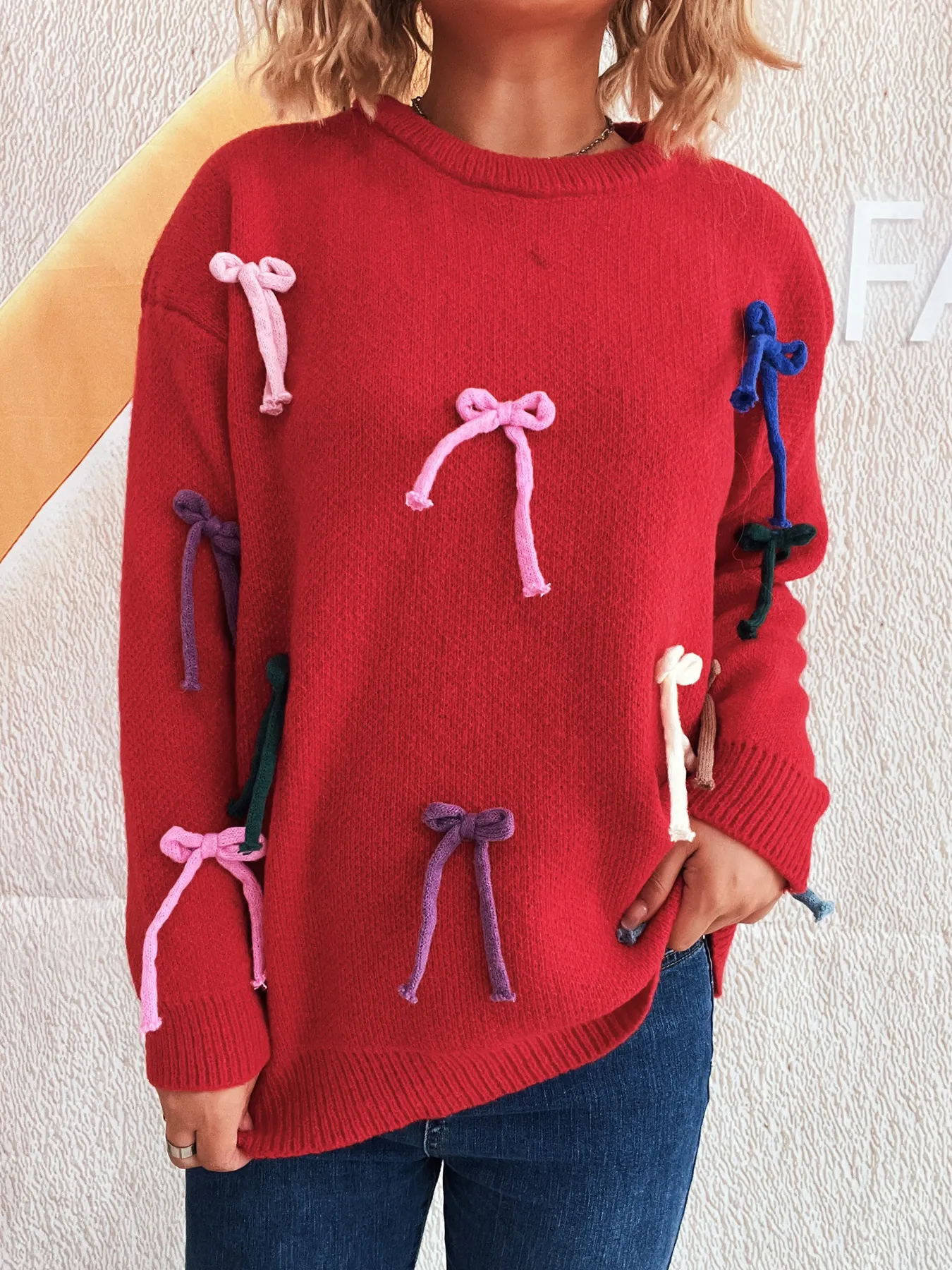 Colorful Bow Round Neck Sweater - Image 17