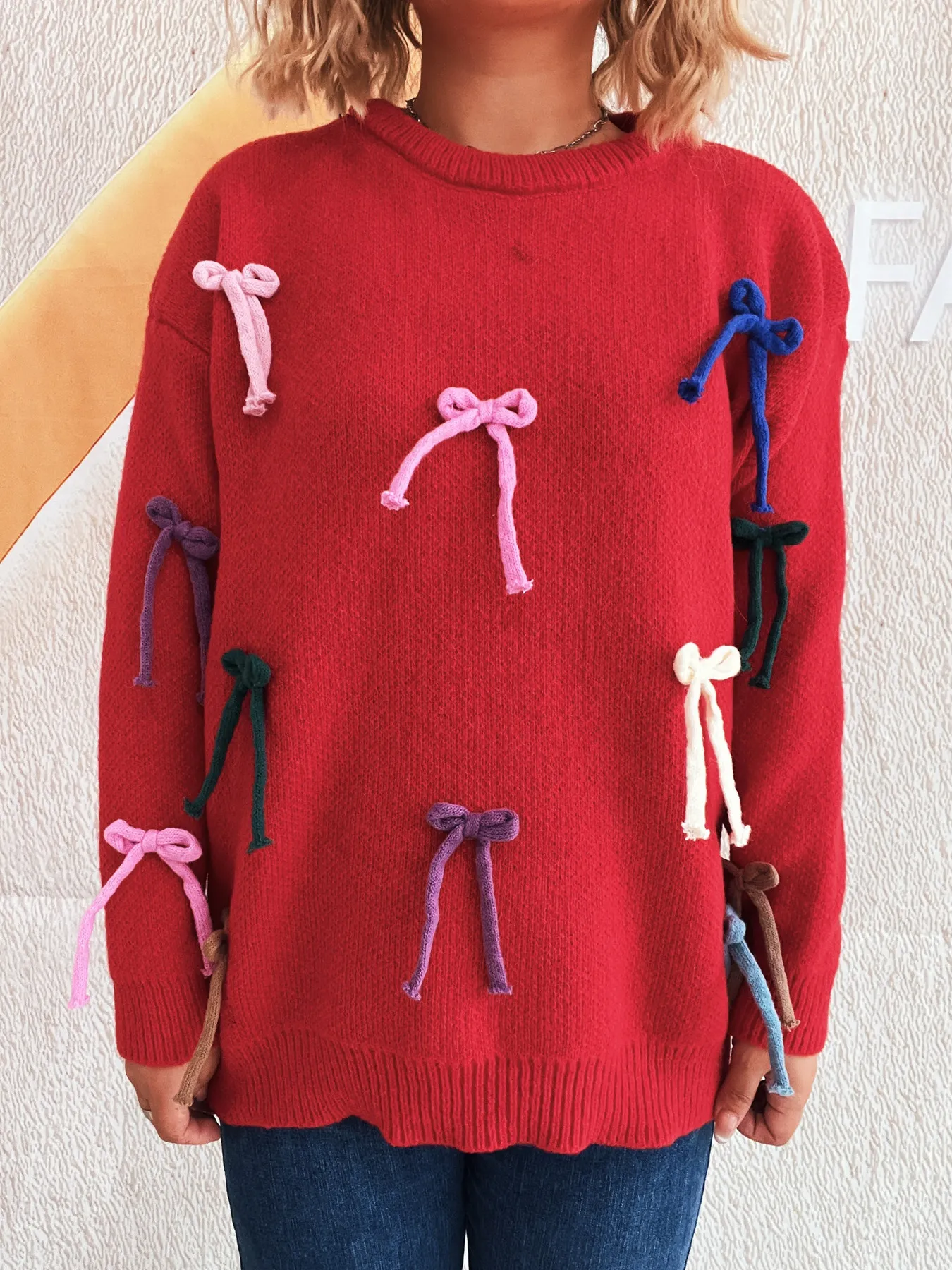 Colorful Bow Round Neck Sweater - Image 18