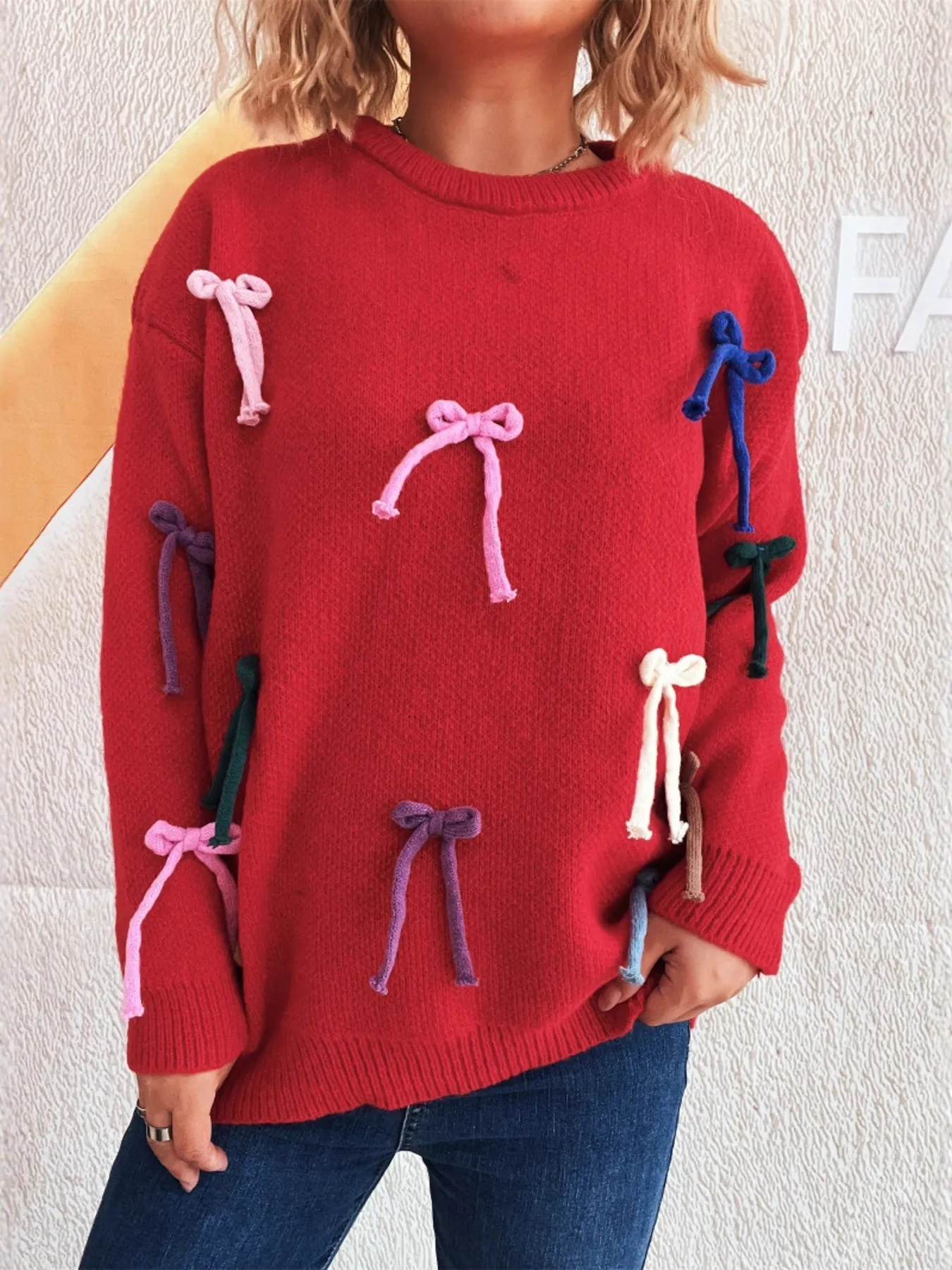 Colorful Bow Round Neck Sweater - Image 19