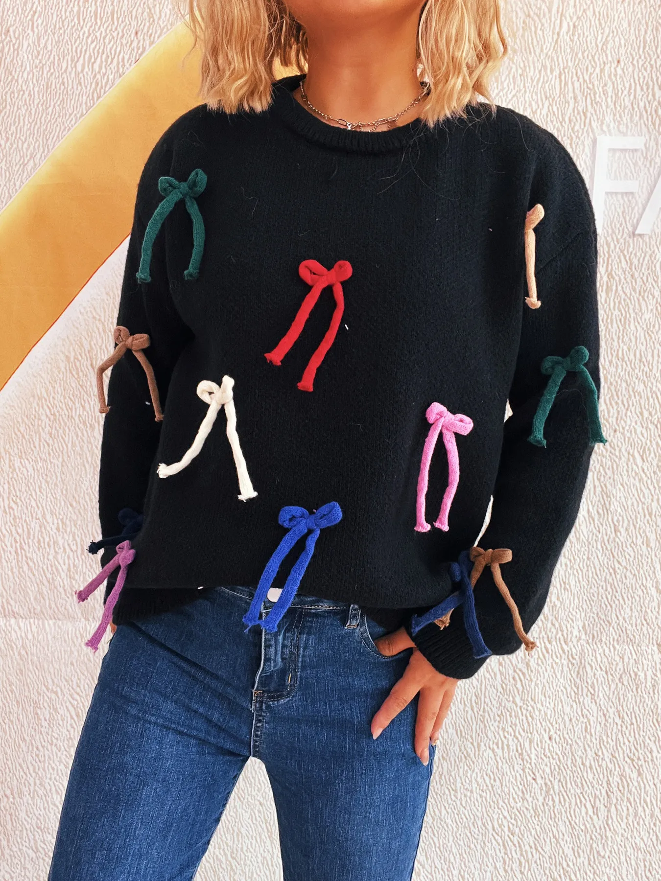 Colorful Bow Round Neck Sweater - Image 2