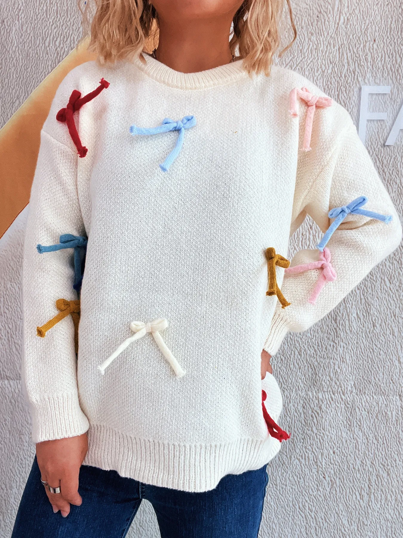 Colorful Bow Round Neck Sweater - Image 21