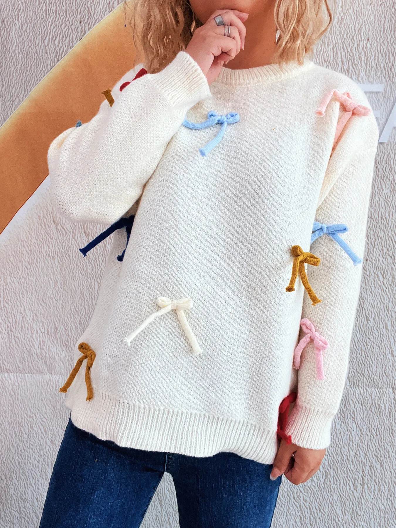 Colorful Bow Round Neck Sweater - Image 23