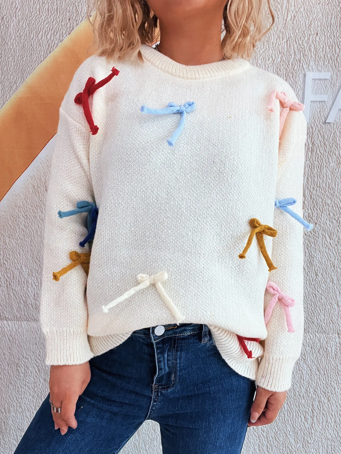 Colorful Bow Round Neck Sweater - Image 24