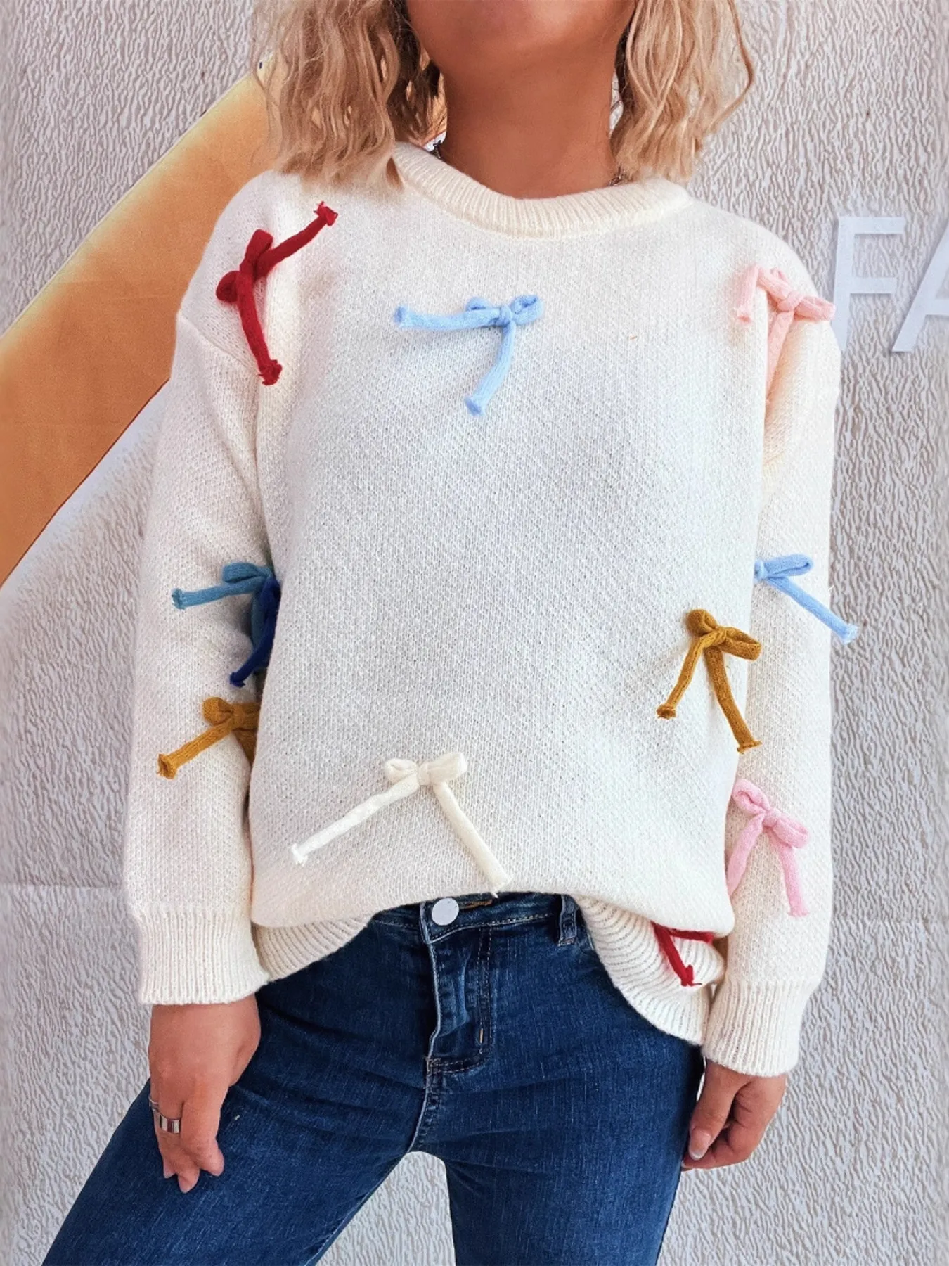 Colorful Bow Round Neck Sweater - Image 25
