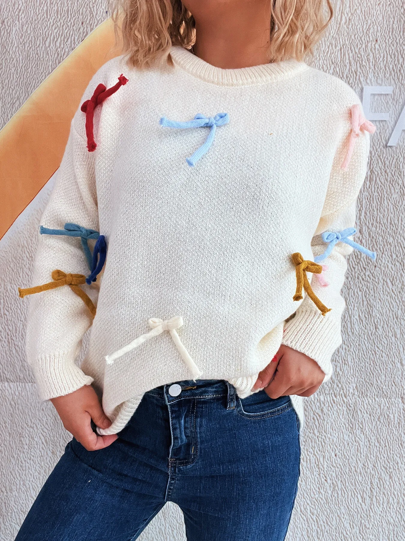 Colorful Bow Round Neck Sweater - Image 26