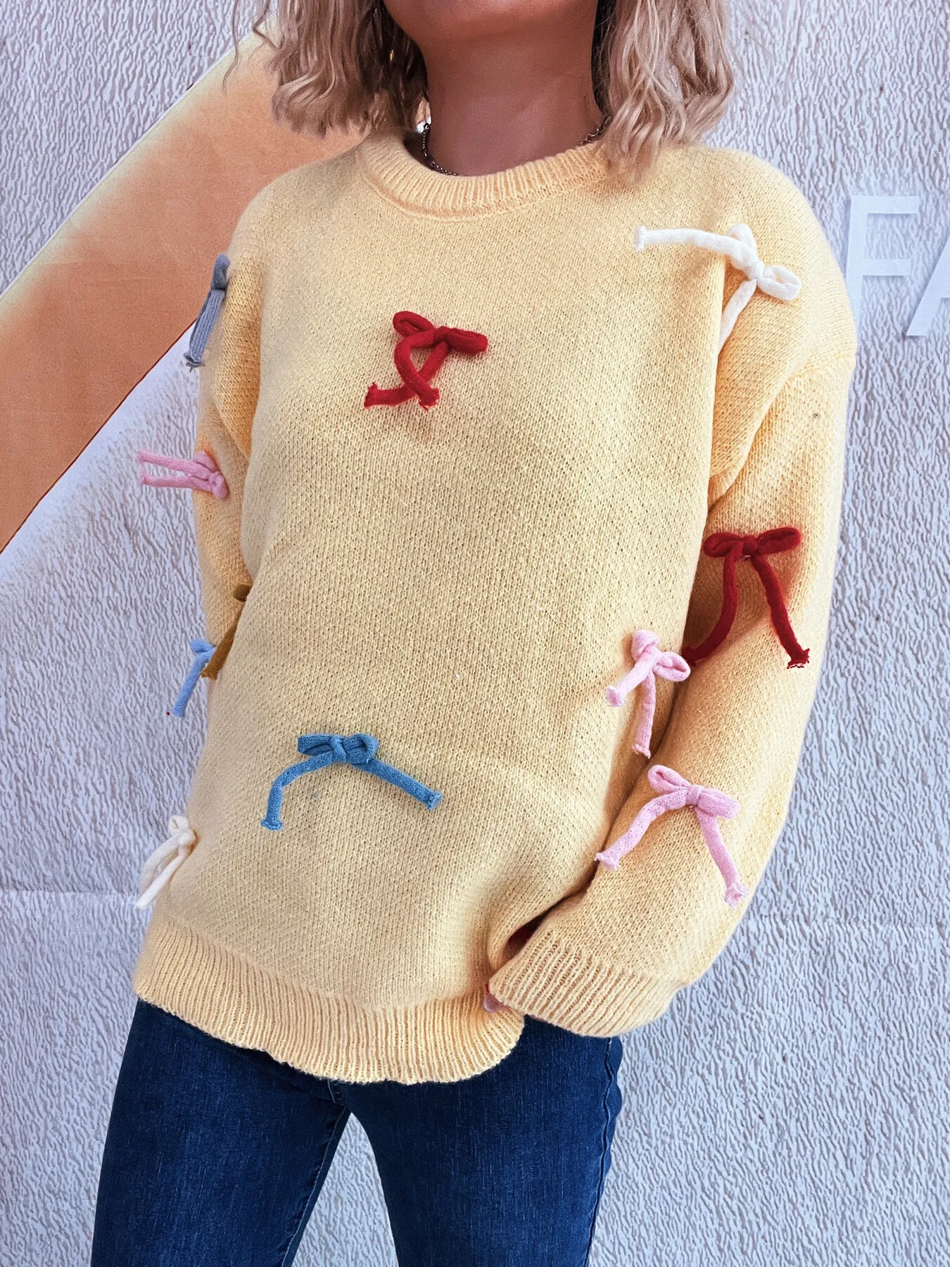 Colorful Bow Round Neck Sweater - Image 28