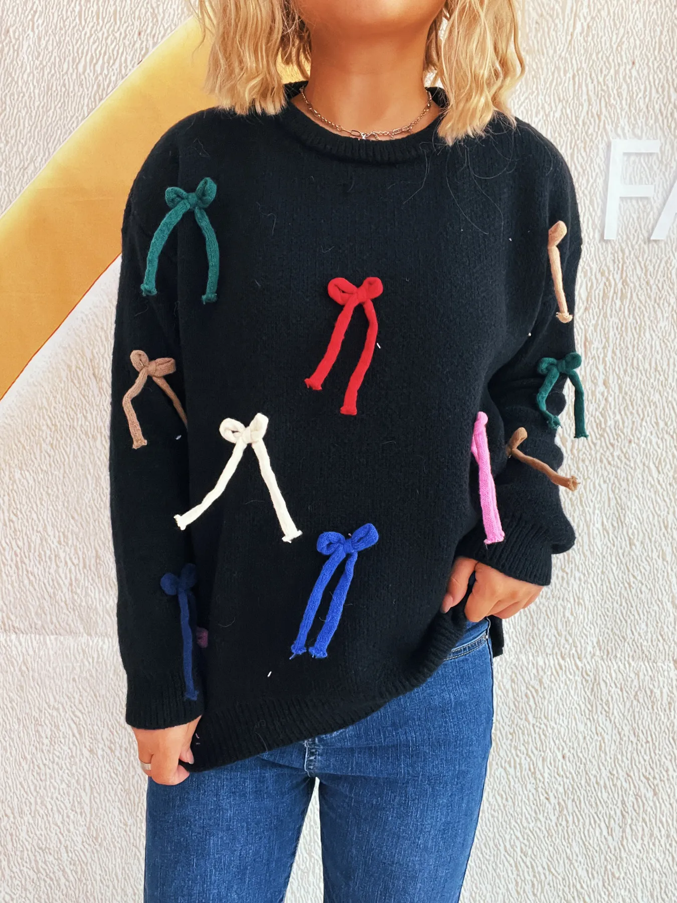 Colorful Bow Round Neck Sweater - Image 4