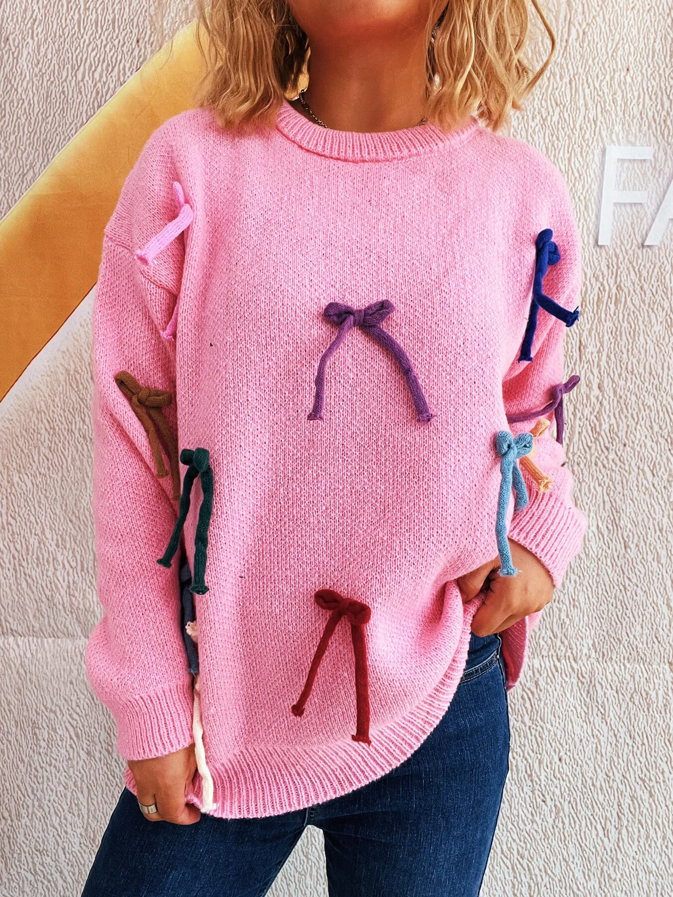 Colorful Bow Round Neck Sweater - Image 7