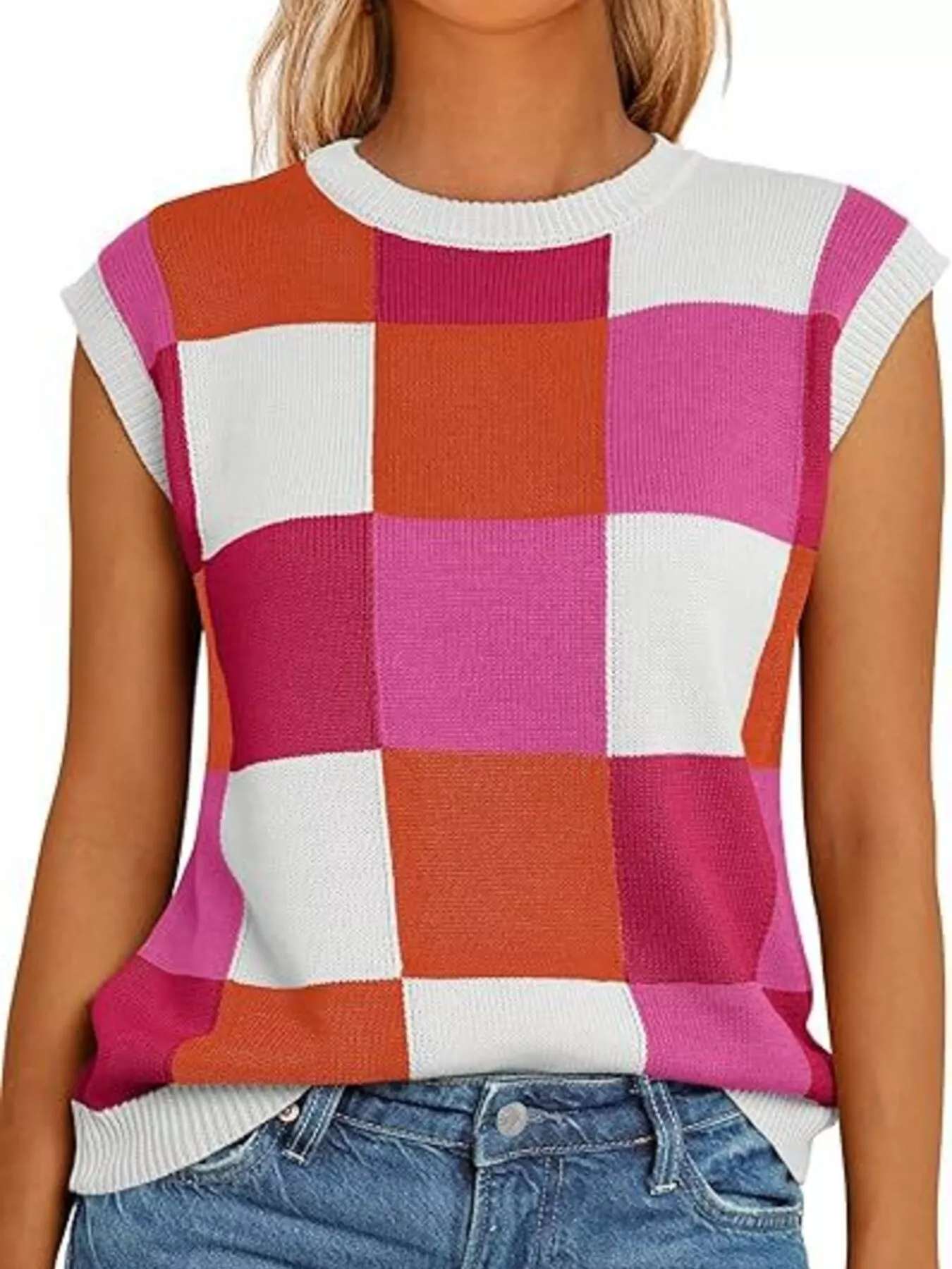 Colorful Checkered Knit Sweater Vest