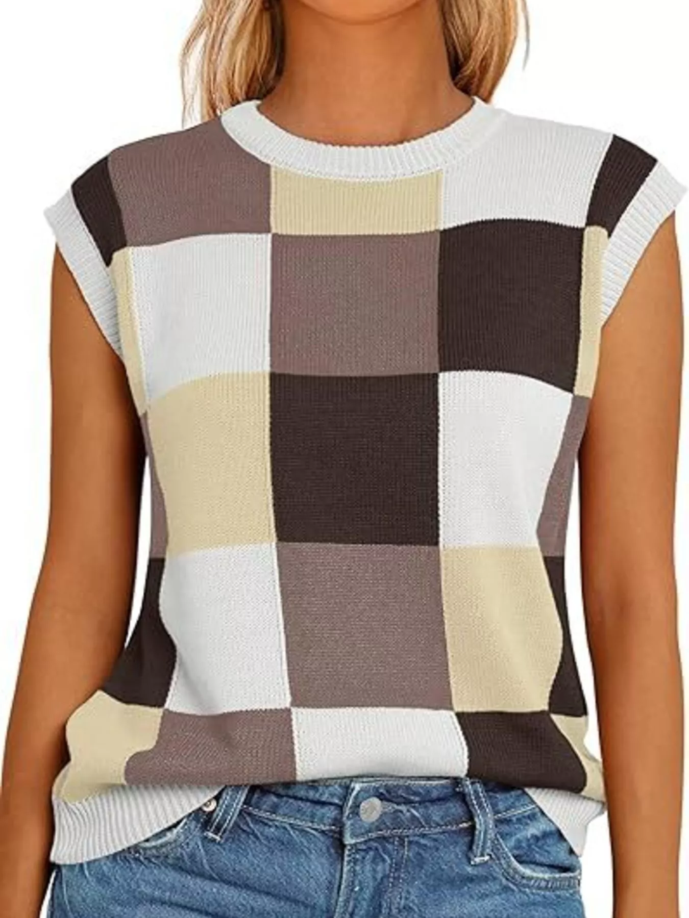 Colorful Checkered Knit Sweater Vest - Image 5