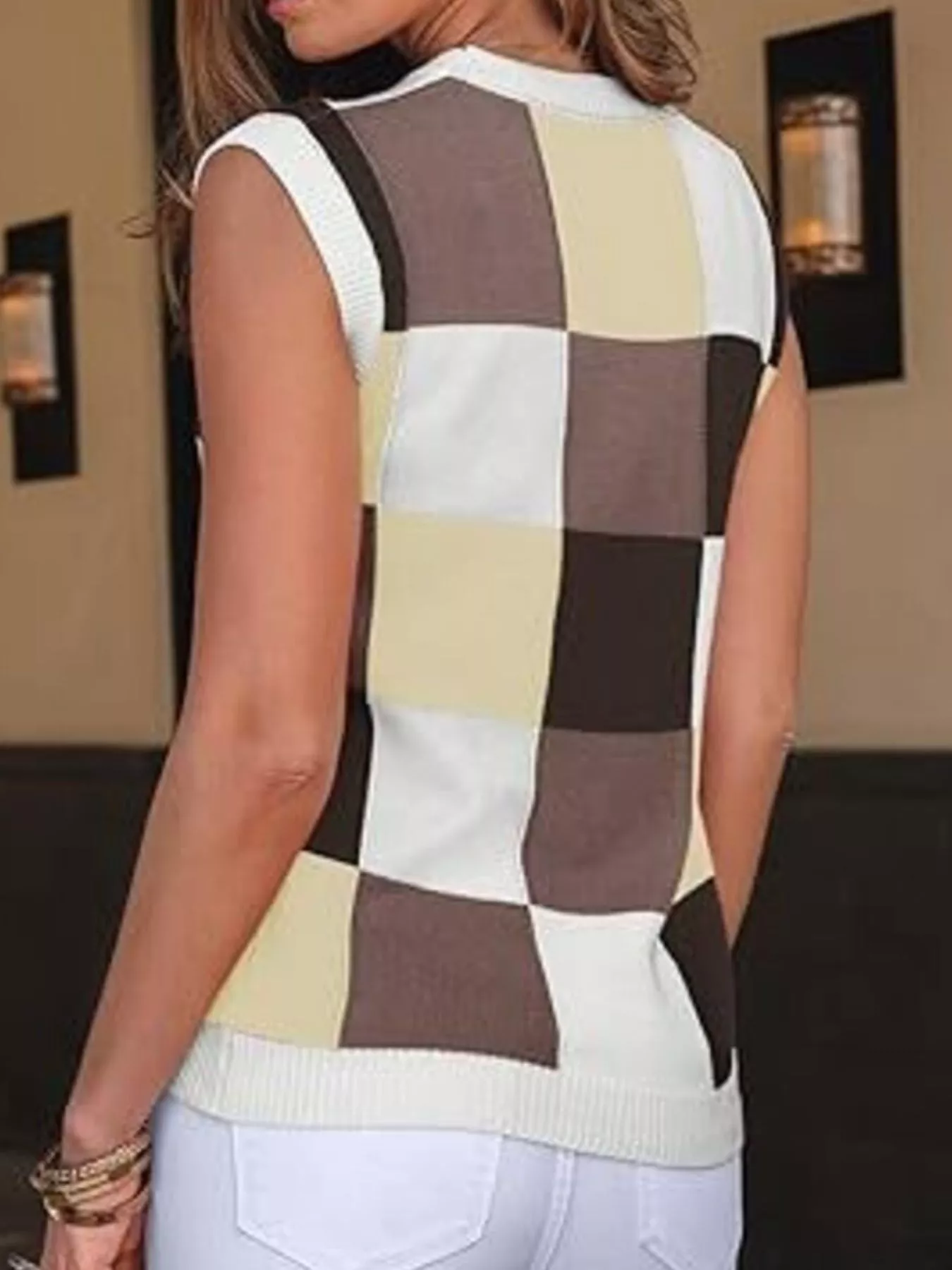 Colorful Checkered Knit Sweater Vest - Image 7