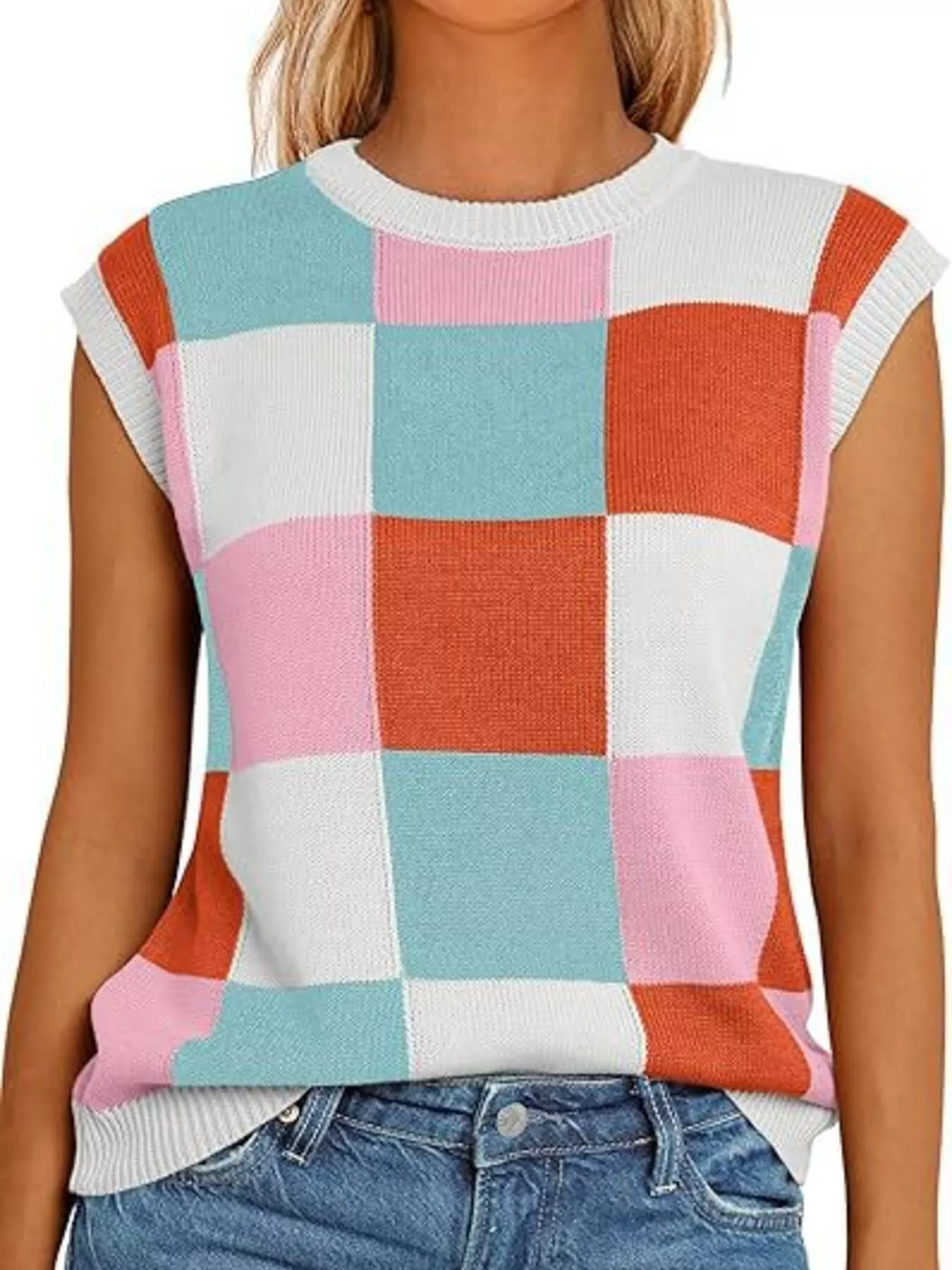 Colorful Checkered Knit Sweater Vest - Image 8