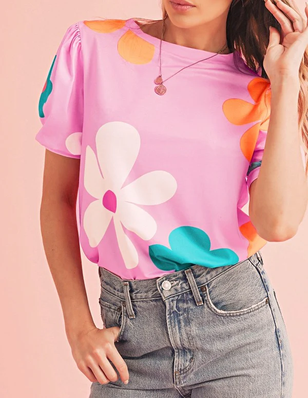 Colorful Flower Print Bubble Sleeve Tee Top - Image 11