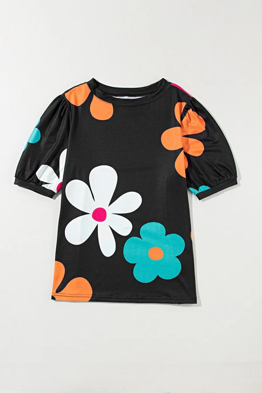 Colorful Flower Print Bubble Sleeve Tee Top - Image 14
