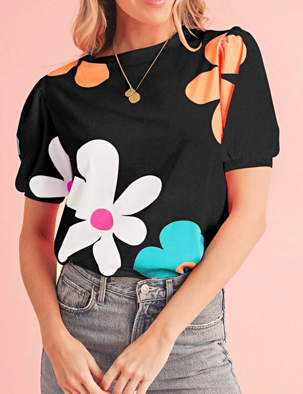 Colorful Flower Print Bubble Sleeve Tee Top - Image 2