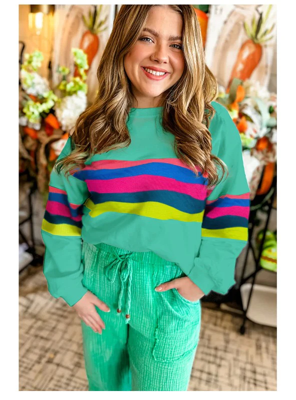 Colorful Striped Accent Long Sleeve Sweatshirts - Image 2