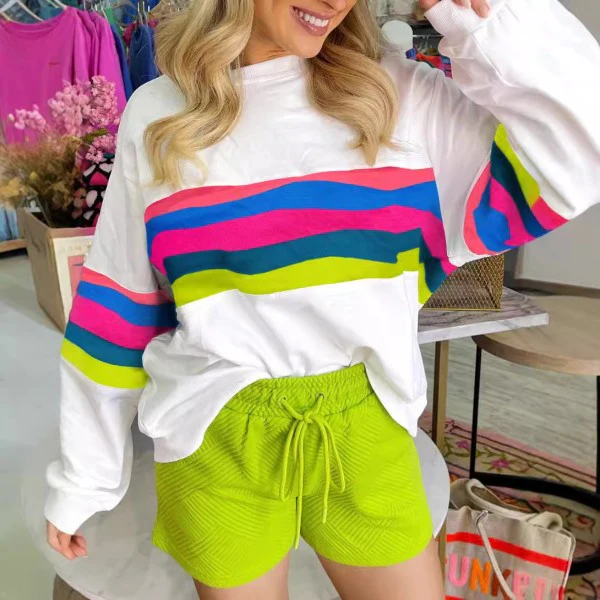 Colorful Striped Accent Long Sleeve Sweatshirts - Image 9